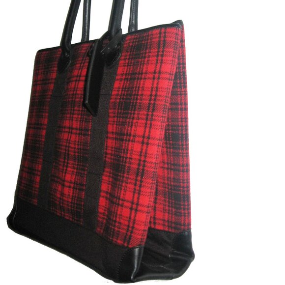 Woolrich Red Plaid Wool Leather Trim Parka Tote Luggage Hanger Carry On Handbag - Picture 1 of 8